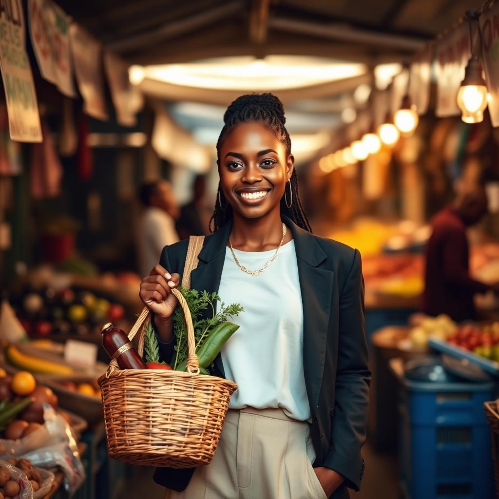 A BigAboki personal shopper holding a woven basket of produce at a Lagos market.